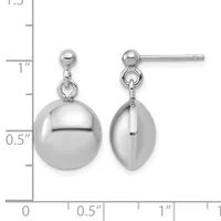 Pair of silver ball drop earrings with post and clutch backs, shown front and side view against a measurement ruler.