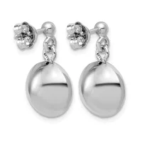 Pair of silver-toned drop earrings with cubic zirconia flower studs and large polished oval pearl pendants suspended by delicate chain links.