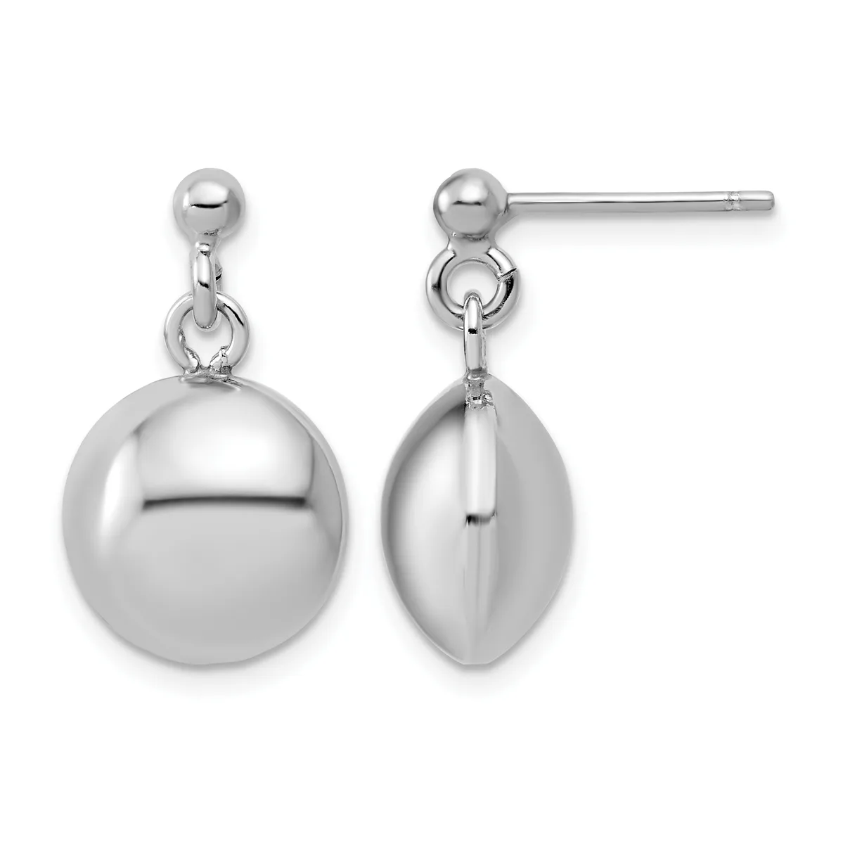 A pair of polished silver ball drop earrings with post and loop backs, shown from front and side views.