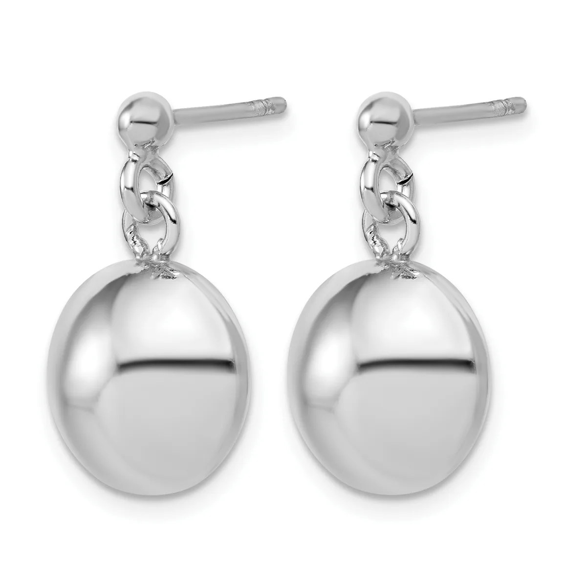 Pair of silver dangle earrings with polished spherical drops suspended from posts with textured link connectors.