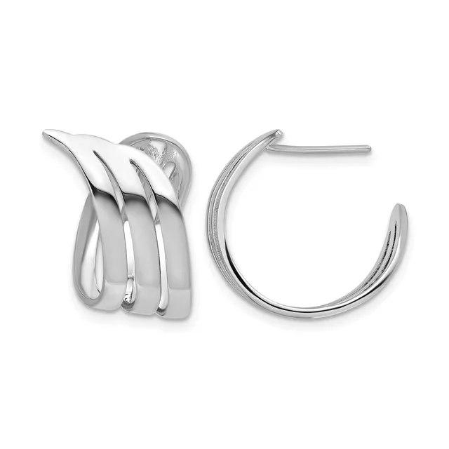 Pair of polished silver hoop earrings, one featuring three curved ridges across the front and the other a smooth curved band, both with post and clutch closures.