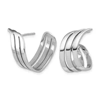 Pair of polished silver-toned hoop earrings with three parallel grooved bands, shown from front and back angles.