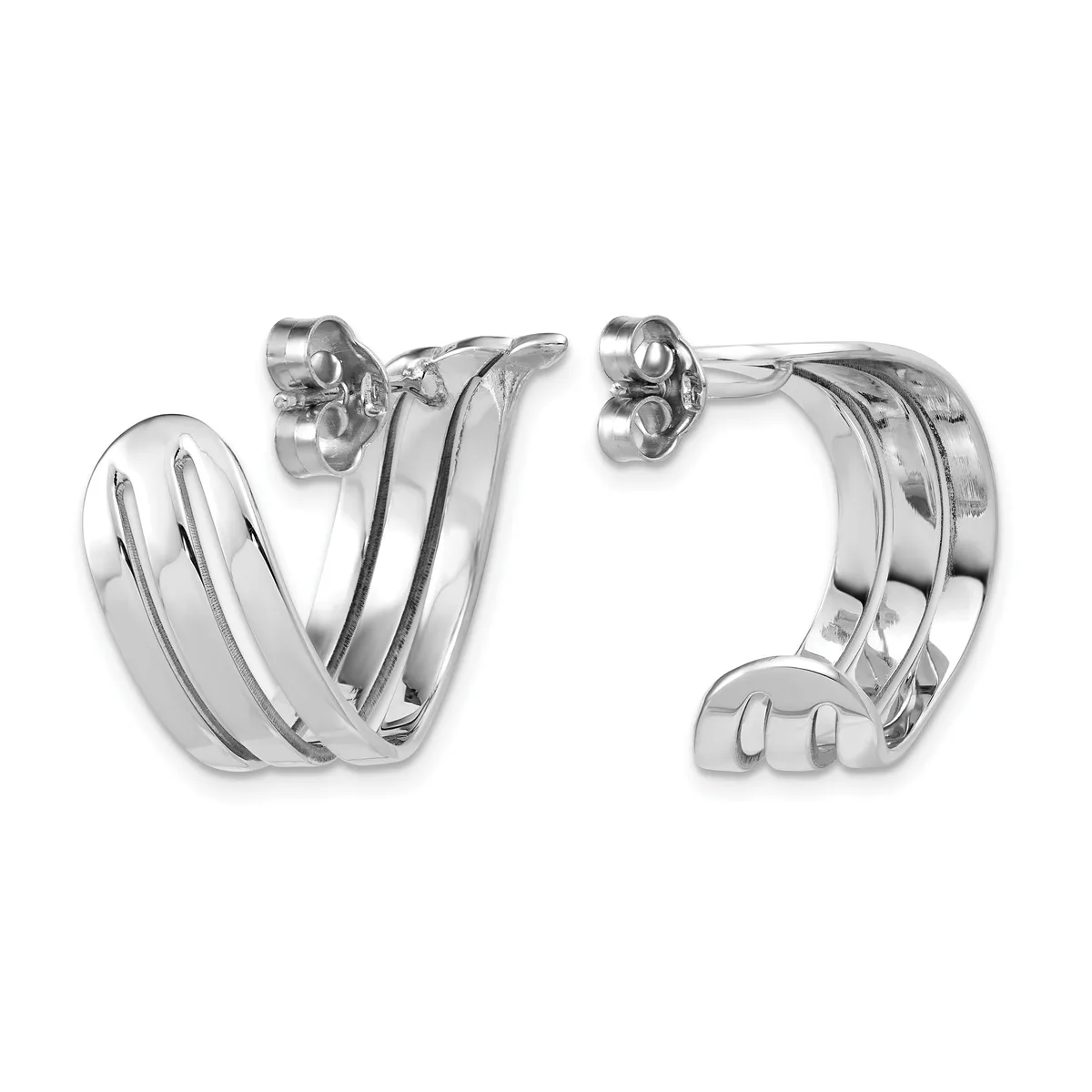 A pair of polished silver hoop earrings with triple curved bands and stud posts, shown from front and back angles.