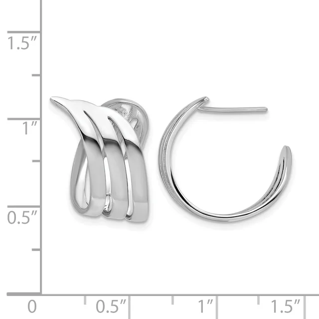 A pair of polished silver hoop earrings with triple curved bands, shown front and side view against a measurement scale indicating approximately one inch in height.