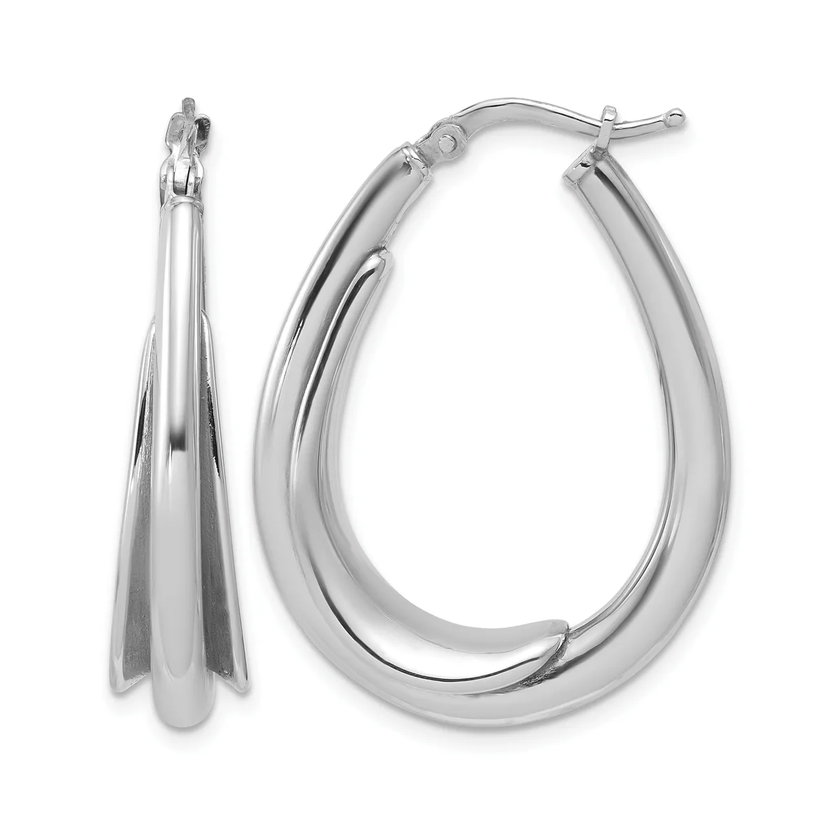 A pair of polished silver-toned hoop earrings with a teardrop shape, shown from two angles with hinged closures at the top.