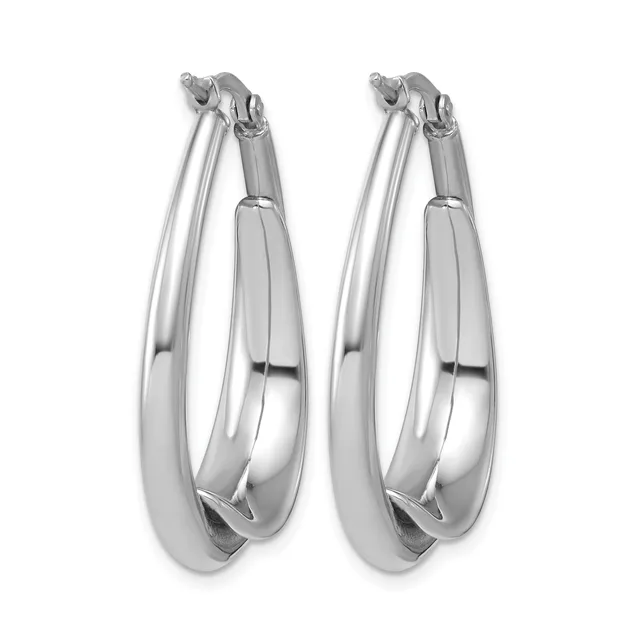 A pair of polished silver-toned oval hoop earrings with a chunky, curved design and post closures.