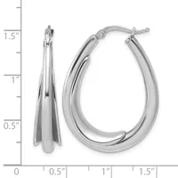 Pair of polished silver-tone teardrop-shaped hoop earrings with textured details, displayed against a measurement scale showing approximately 1.5 inches in length.