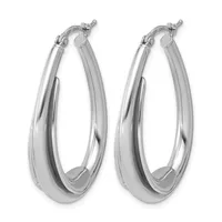 A pair of polished silver-toned oval hoop earrings with a twisted texture, shown from the front against a white background.