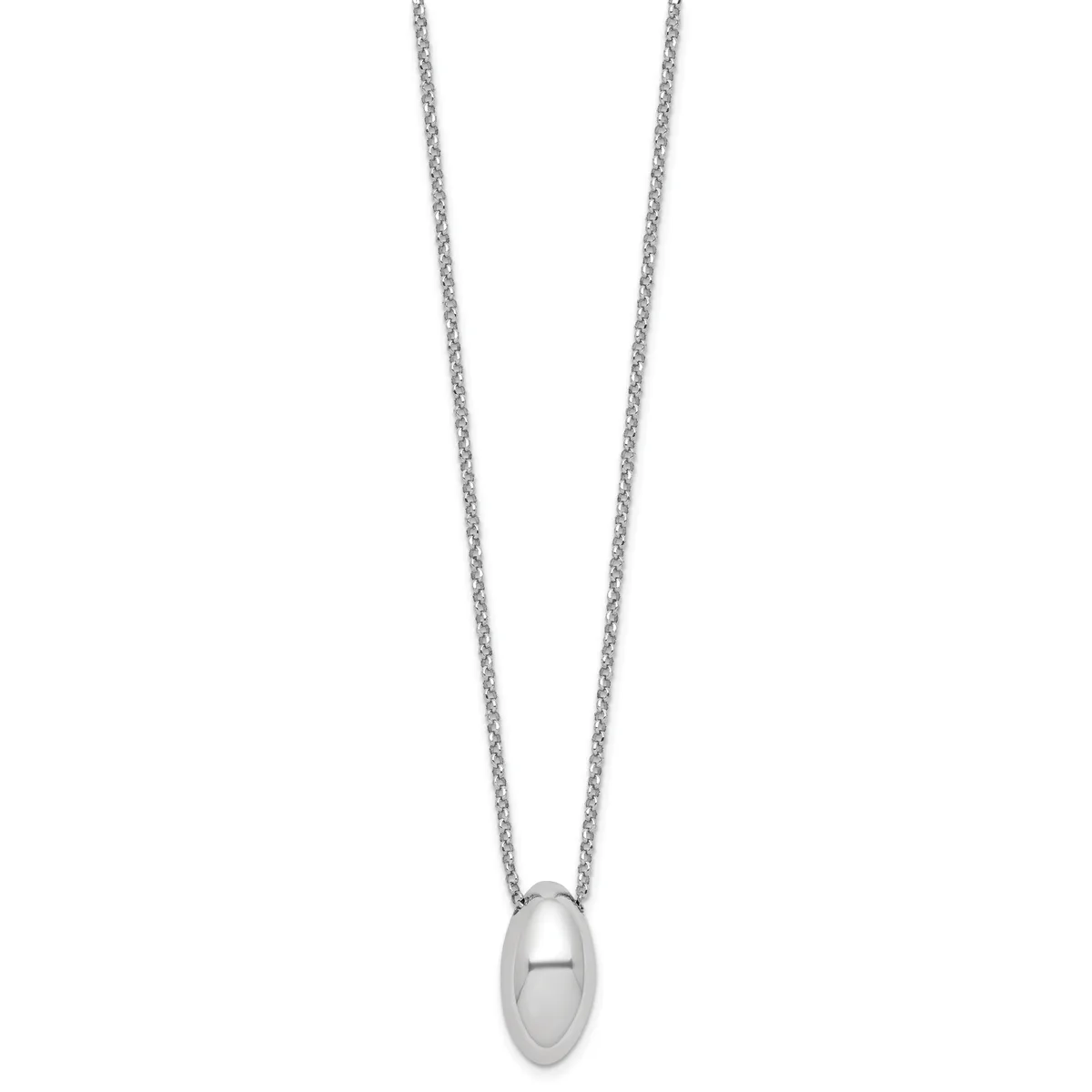 Silver oval pendant necklace with a polished finish suspended on a delicate chain.