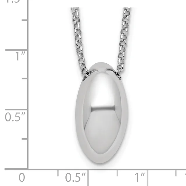 Silver polished oval pendant on a chain necklace, shown next to a measurement scale indicating the pendant is approximately one inch tall and half an inch wide.