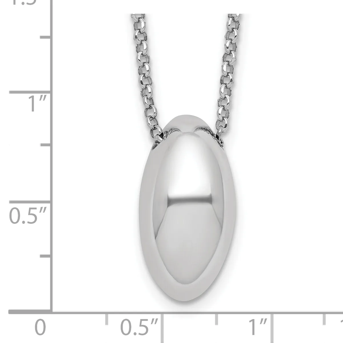 Silver polished oval pendant on a chain necklace, shown next to a measurement scale indicating the pendant is approximately one inch tall and half an inch wide.
