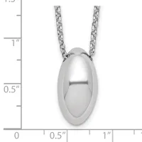 Silver polished oval pendant on a chain necklace, shown next to a measurement scale indicating the pendant is approximately one inch tall and half an inch wide.
