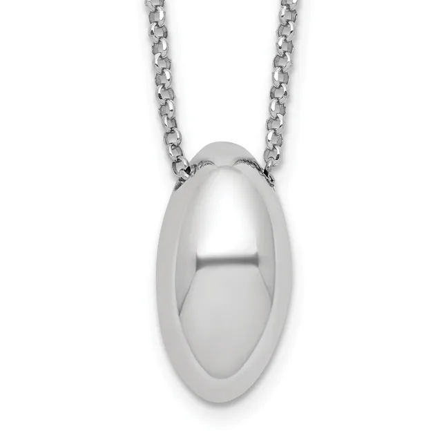 Silver polished oval pendant hanging from a silver rolo chain.