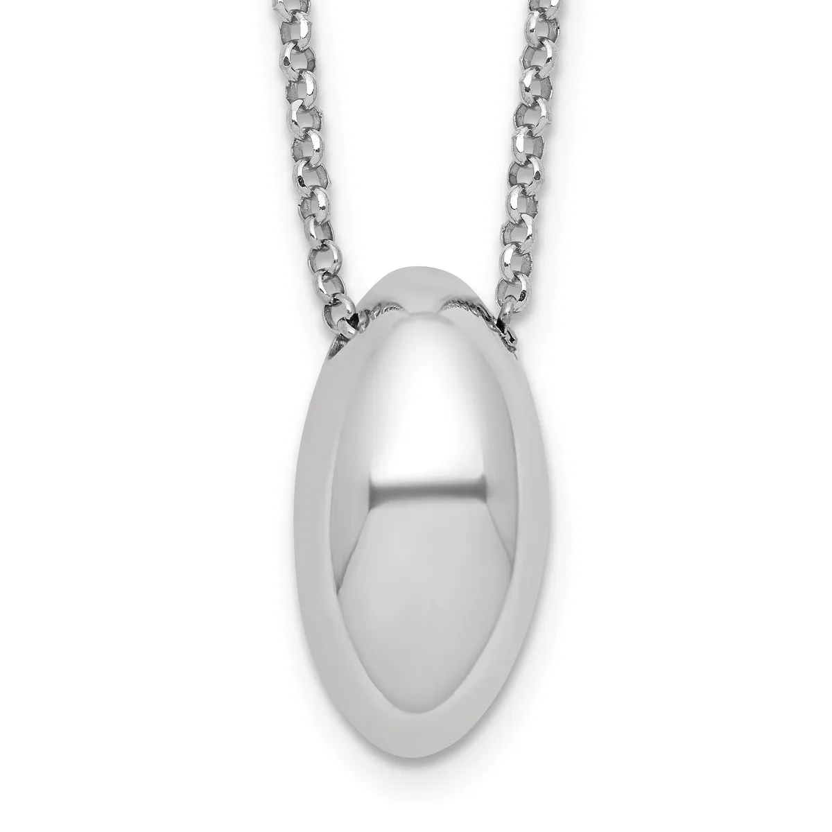 Silver polished oval pendant hanging from a silver rolo chain.