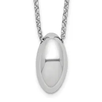 Silver polished oval pendant hanging from a silver rolo chain.