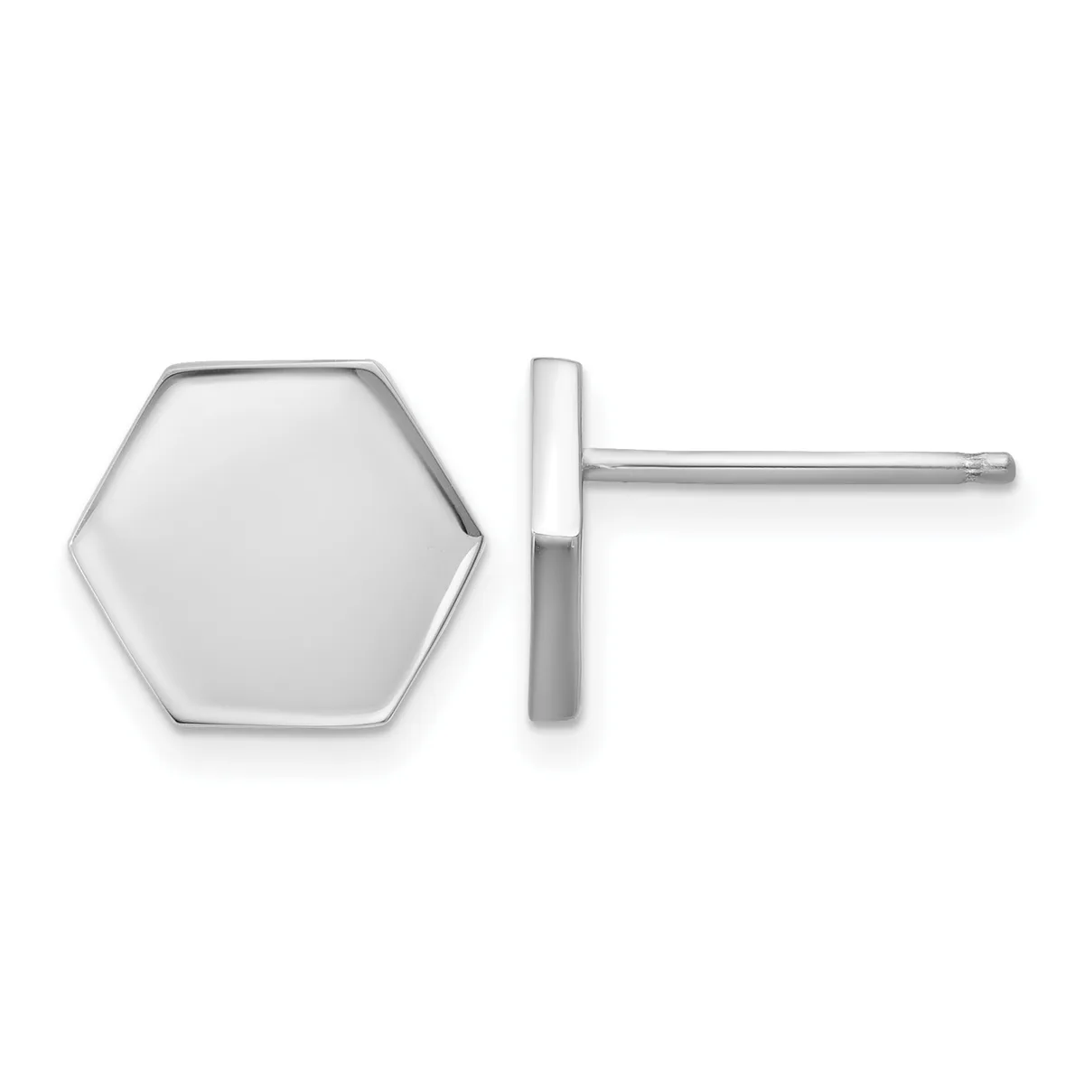 Pair of polished silver hexagon stud earrings shown from front and side view.
