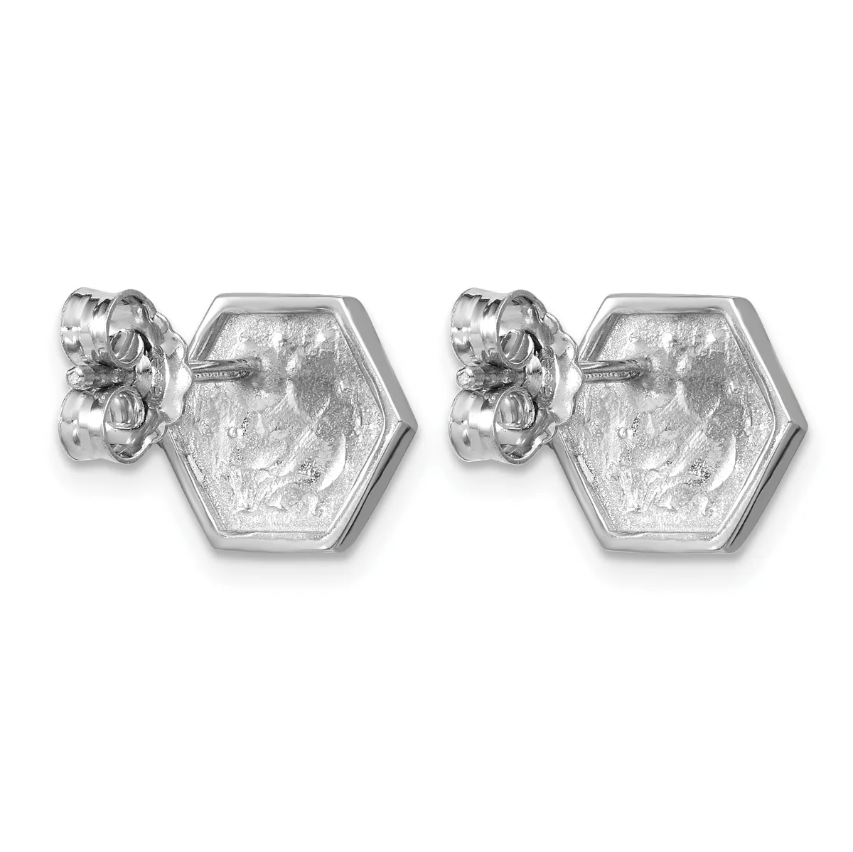 A pair of silver hexagon-shaped stud earrings with a textured surface finish, shown from the front on white background.