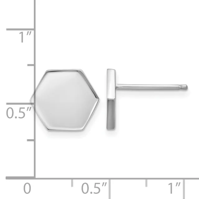 A pair of hexagonal silver stud earrings shown front and side view with a measurement scale indicating approximately 0.5 inches in width.