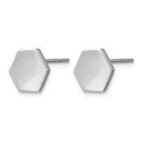 A pair of polished silver hexagonal stud earrings with posts and backs, displayed against a white background.