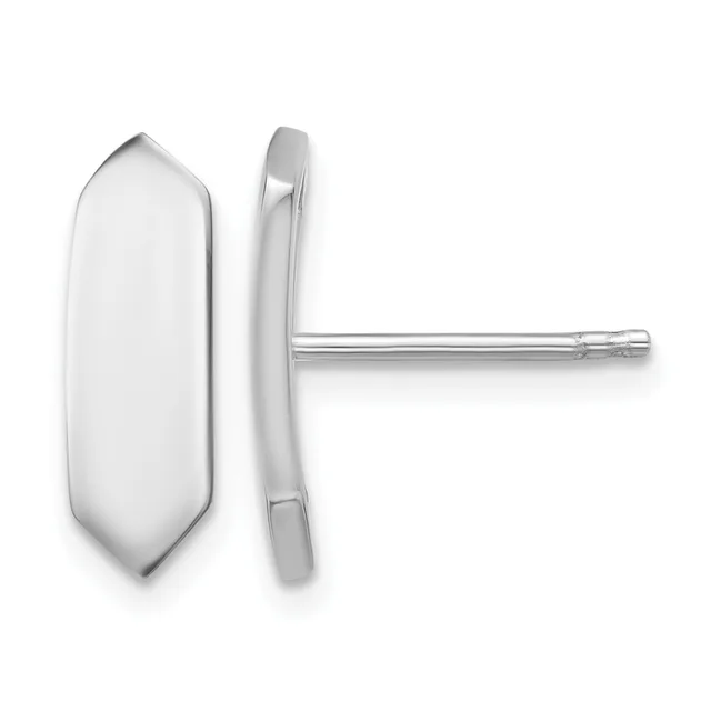 Polished silver elongated hexagonal stud earrings shown from front and side view with a post and backing.