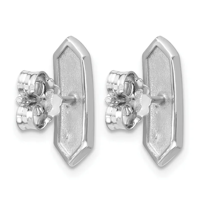 A pair of silver stud earrings with elongated hexagonal backs and clustered round stone settings on the front posts.