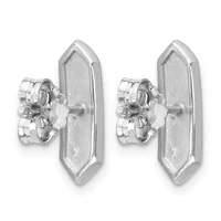 A pair of silver stud earrings with elongated hexagonal backs and clustered round stone settings on the front posts.