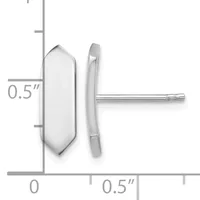 A pair of polished silver stud earrings with elongated hexagonal shapes, shown front and side view with a measurement scale indicating approximately 0.5 inches in length.