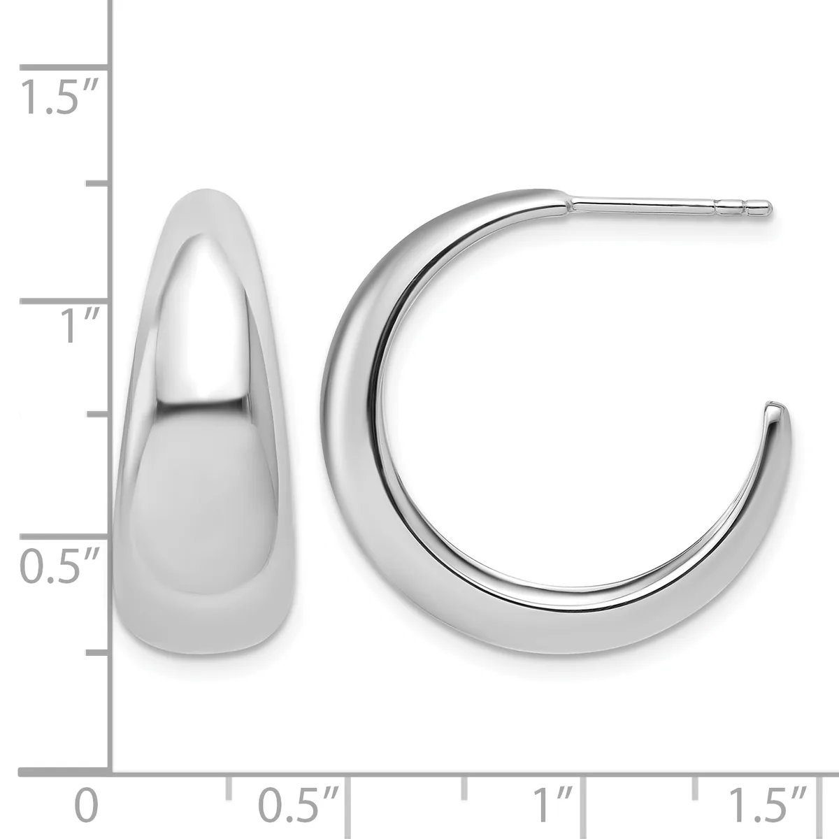 Polished silver-toned chunky curved hoop earrings displayed next to a measurement scale showing approximately one inch in height and width.