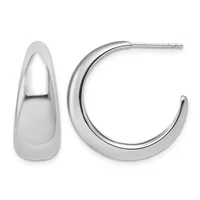 Pair of polished silver-colored hoop earrings with a chunky, curved teardrop shape, shown from front and side views.