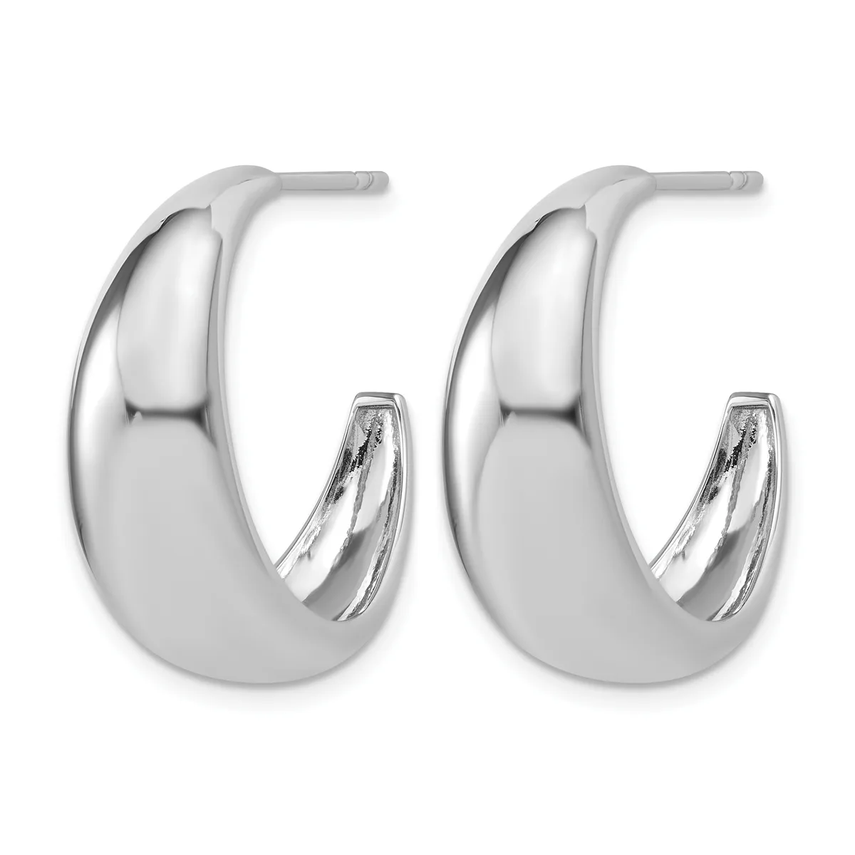 A pair of polished silver chunky hoop earrings with a curved, tubular design and post backs, shown from the front.