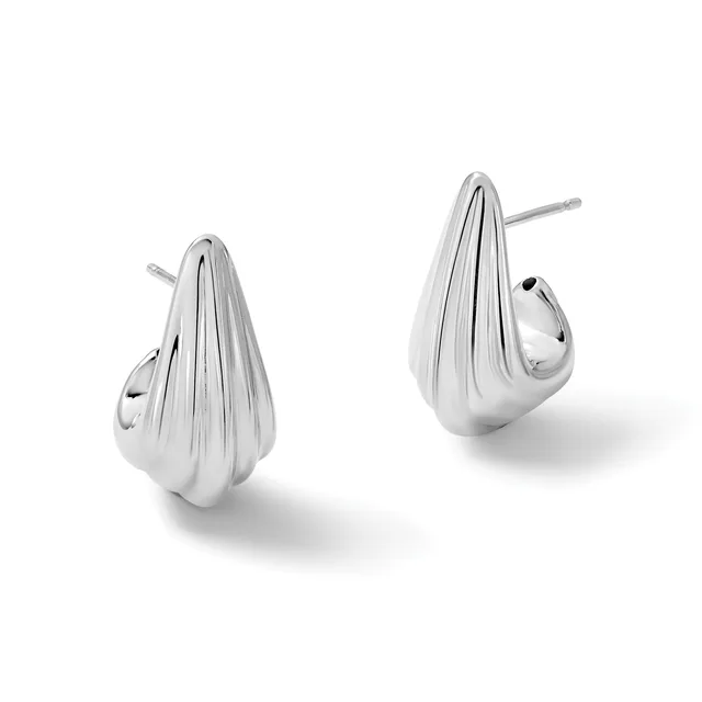 A pair of silver teardrop-shaped stud earrings with vertical ribbed detailing and matching posts, displayed against a white background.