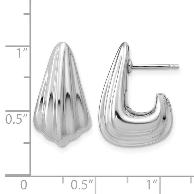 Pair of polished silver teardrop-shaped stud earrings with vertical ridged texture, shown front and side view against a measurement scale.