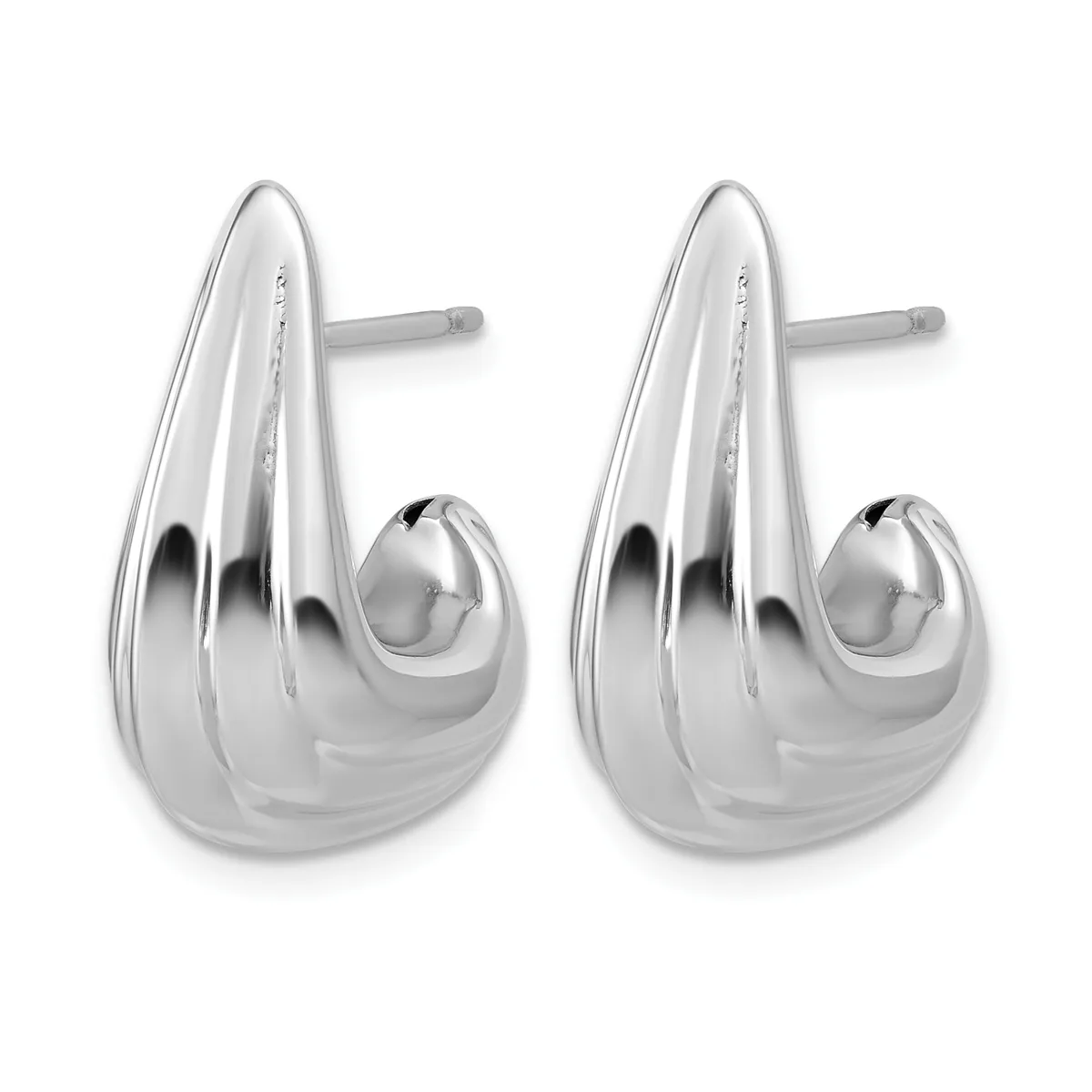 A pair of polished silver teardrop-shaped hoop earrings with post and stud backs, shown from the front against a white background.