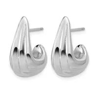 A pair of polished silver teardrop-shaped hoop earrings with post and stud backs, shown from the front against a white background.