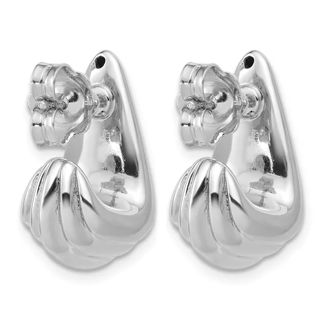 A pair of polished silver teardrop-shaped hoop earrings with ridged details on the lower portion and stud backs shown from the front.