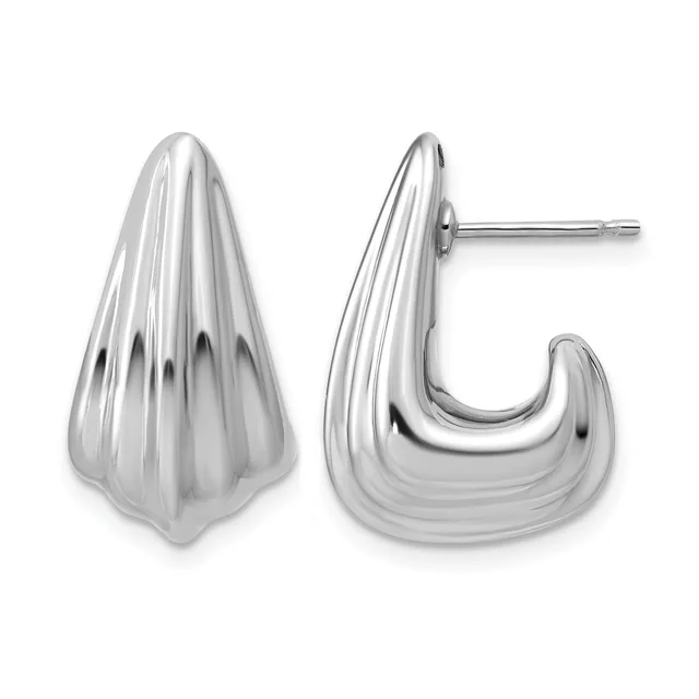 Pair of polished silver teardrop-shaped hoop earrings with vertical ribbed detailing, shown from front and side views.
