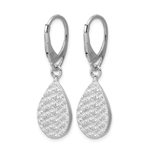 A pair of silver teardrop-shaped dangle earrings with textured diamond-pattern surfaces, suspended from lever-back closures.