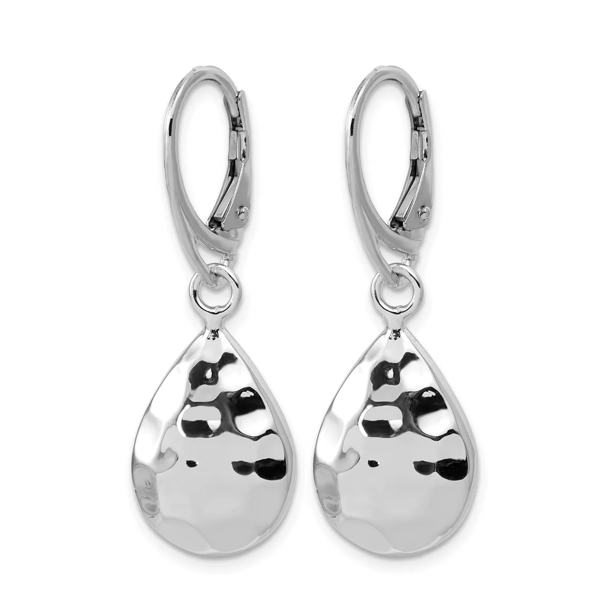 A pair of silver teardrop earrings with polished surfaces hanging from hinged lever-back closures.