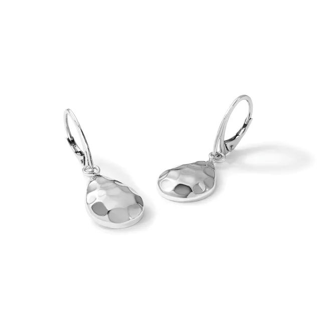 Pair of silver dangle earrings with polished dome pendants and lever-back closures, displayed against a white background.