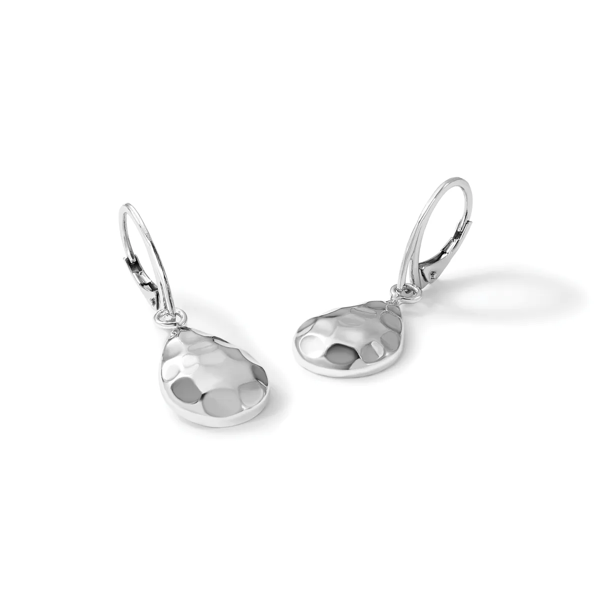 Pair of silver dangle earrings with polished dome pendants and lever-back closures, displayed against a white background.