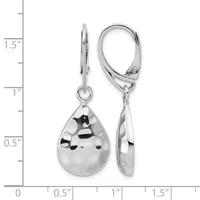 Pair of silver teardrop earrings with leverback closures, shown front and side view against a measurement scale indicating approximately 1.5 inches in length.