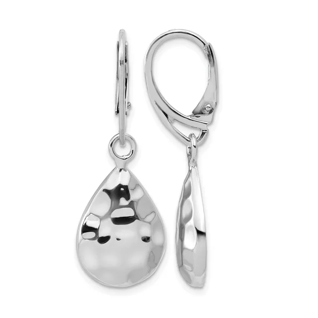 Pair of silver teardrop earrings with hammered texture and leverback closures, shown from front and side views.