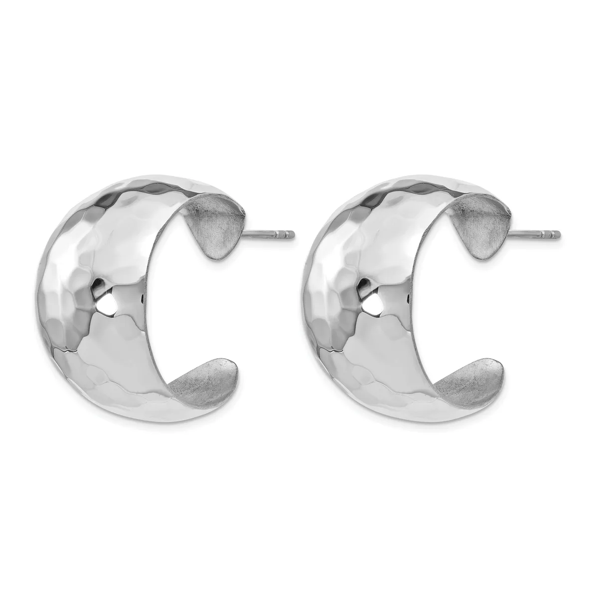 A pair of polished silver chunky C-shaped hoop earrings with hammered texture, shown from the front against a white background.