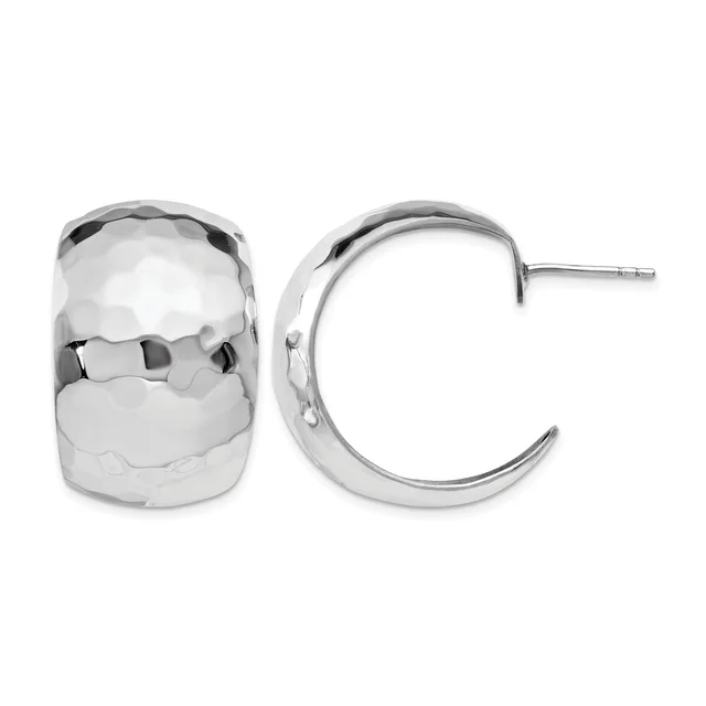 Pair of polished silver chunky hoop earrings with a hammered texture, shown from front and side angles with post and clutch closures.