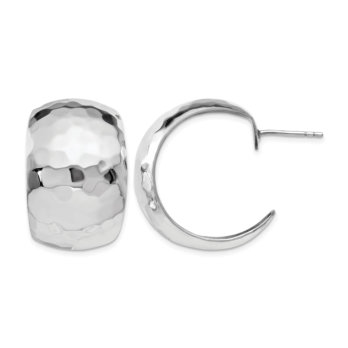 Pair of polished silver chunky hoop earrings with a hammered texture, shown from front and side angles with post and clutch closures.