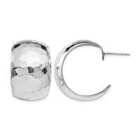 Pair of polished silver chunky hoop earrings with a hammered texture, shown from front and side angles with post and clutch closures.