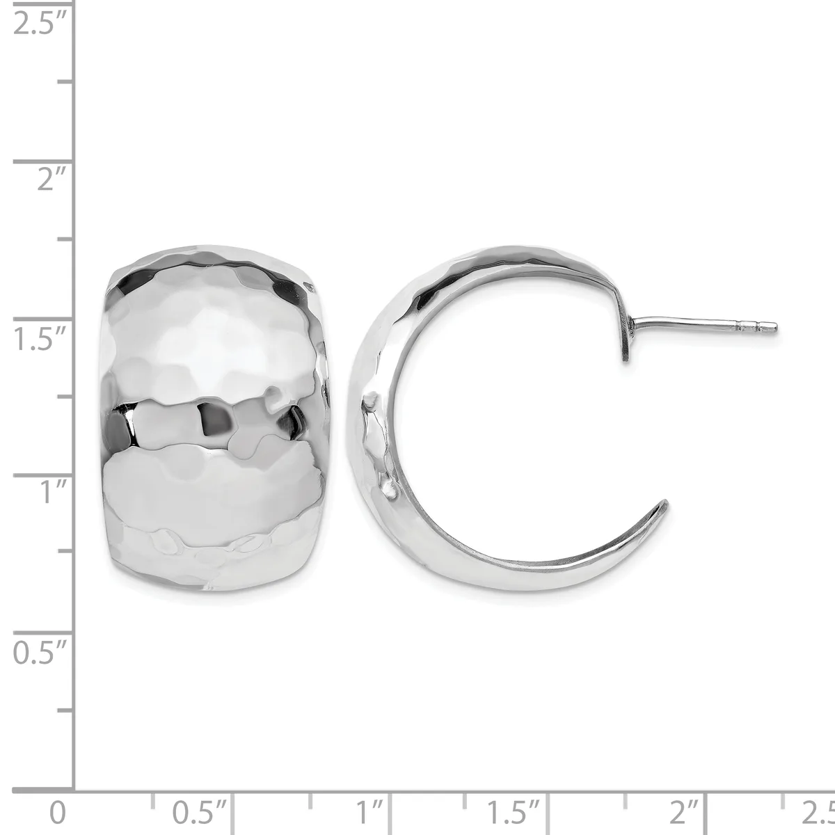 Pair of polished silver chunky hoop earrings with textured surfaces, shown from front and side views against a measurement scale.