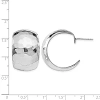 Pair of polished silver chunky hoop earrings with textured surfaces, shown from front and side views against a measurement scale.