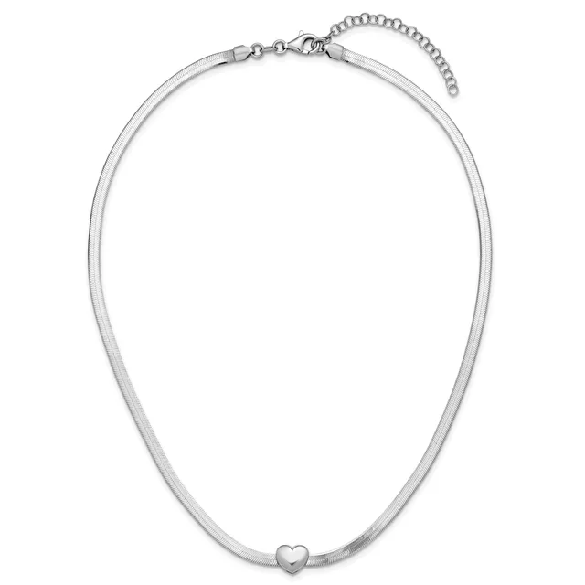 Silver snake chain necklace with a small heart charm pendant and adjustable extension chain with lobster clasp closure.