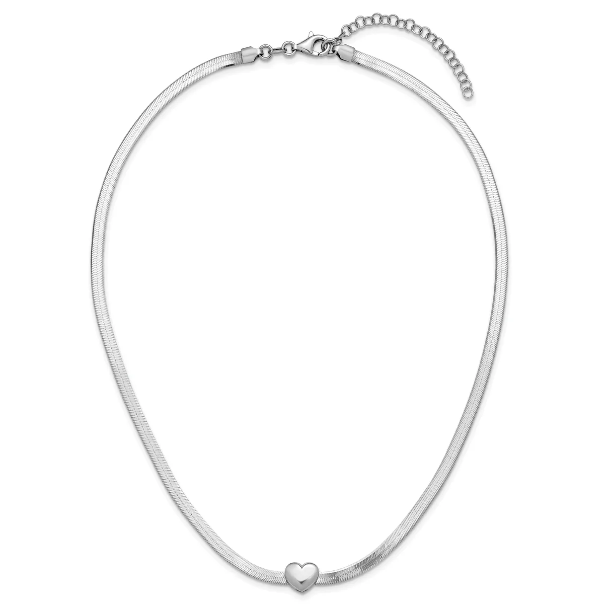Silver snake chain necklace with a small heart charm pendant and adjustable extension chain with lobster clasp closure.